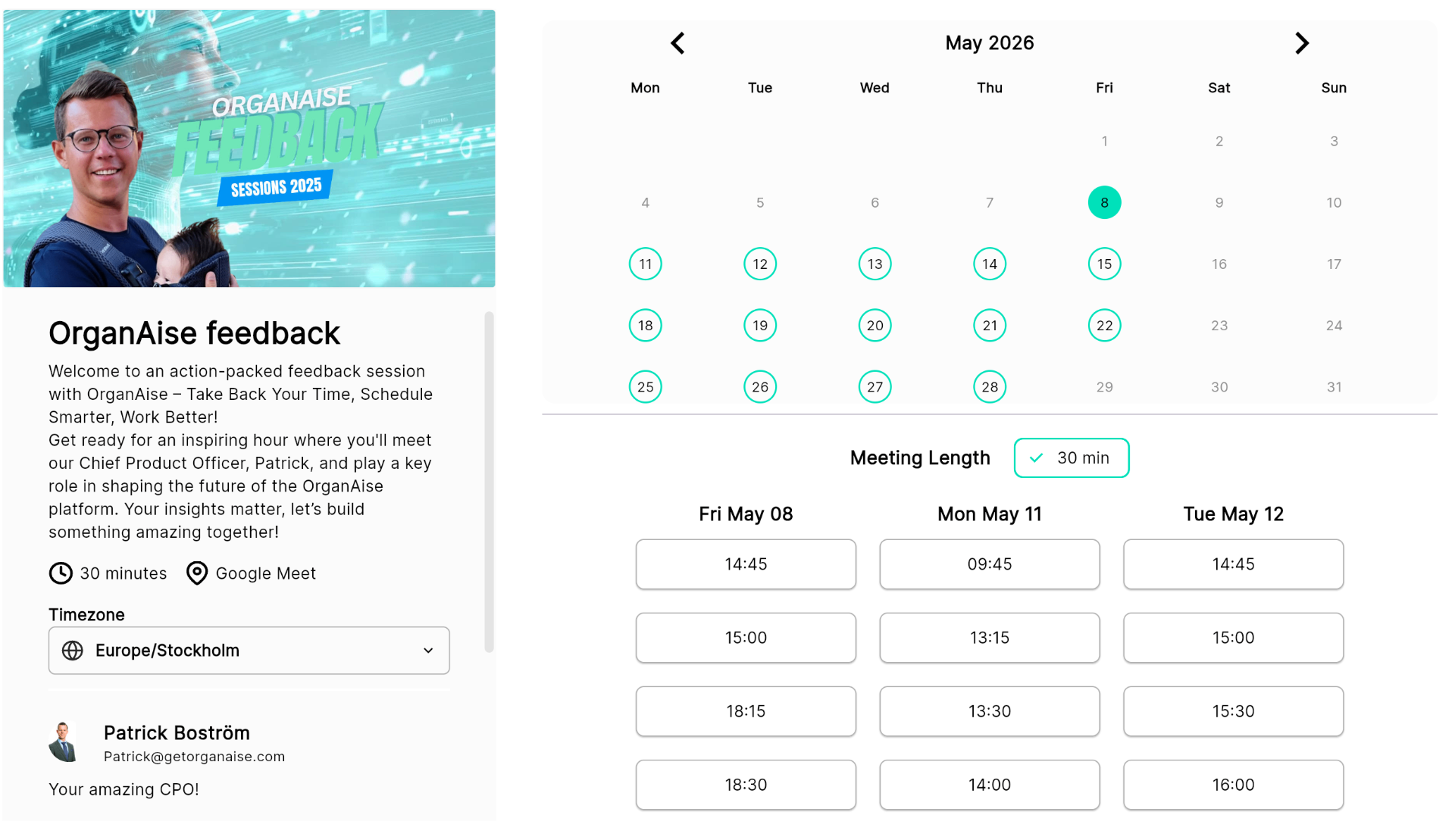OrganAise booking page preview