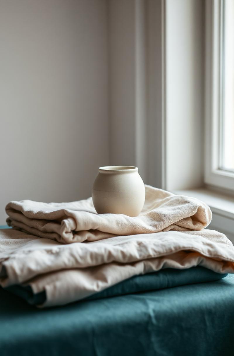 Folded natural linen and a single ceramic vessel in soft window light