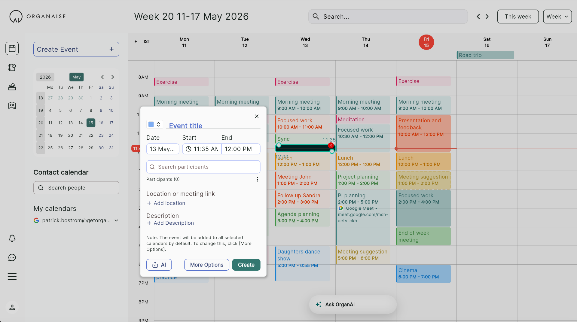 OrganAise event creation modal preview