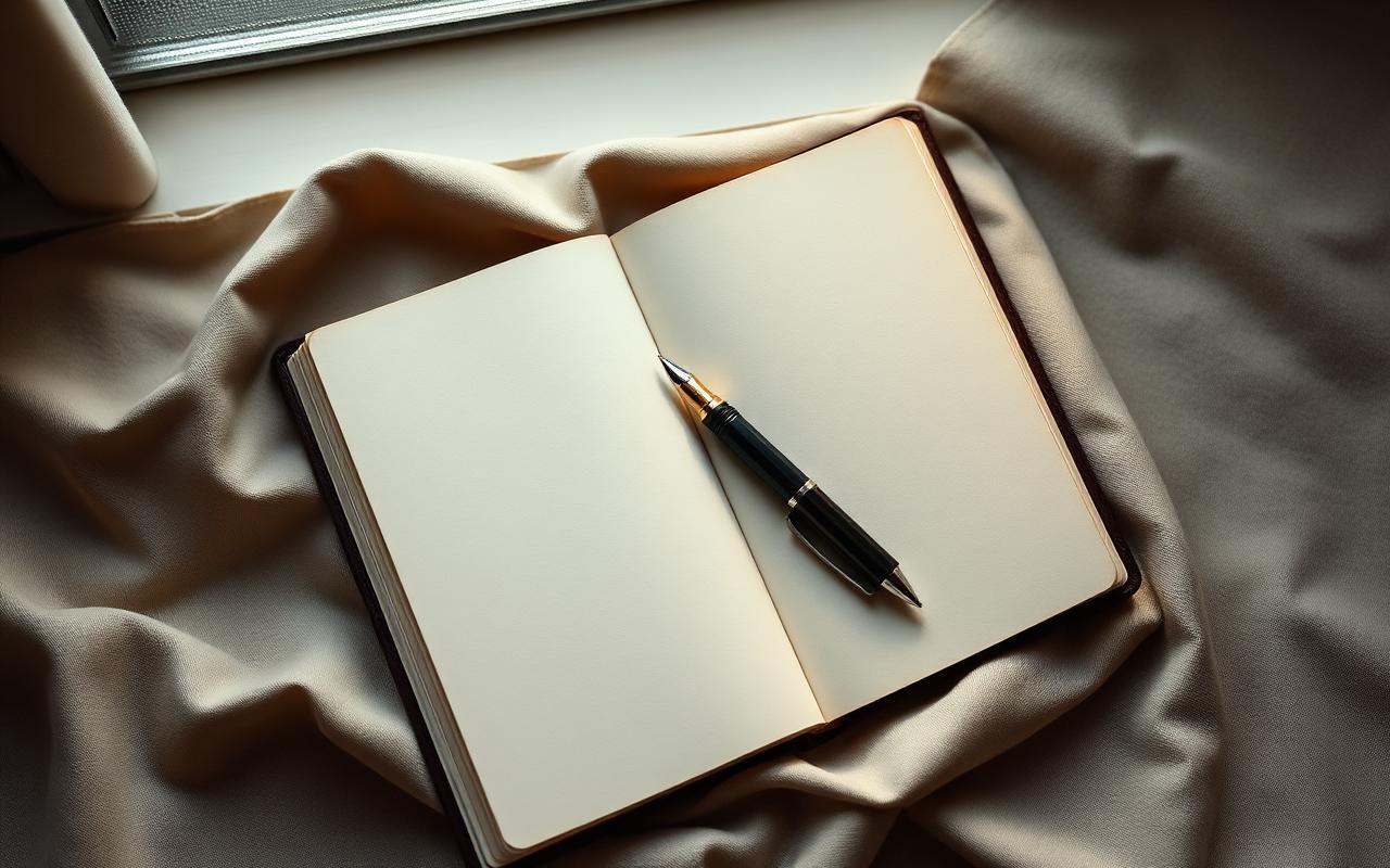 Open leather agenda with fountain pen on natural linen
