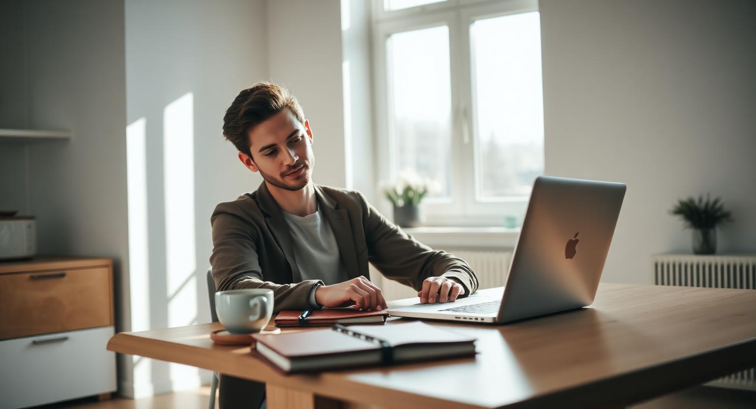 A focused professional working from a sunlit modern workspace